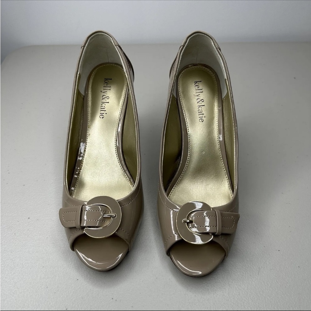 Kelly & Katie Tan Peep Toe Pumps Size 7 M Nude Patent Buckle High Heel Shoes - Picture 2 of 14